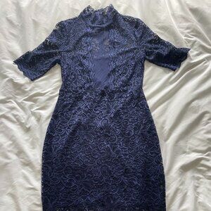 Express Lace Sheath Dress Midi Short Sleeve High Neck Lined Blue Womens Size 8